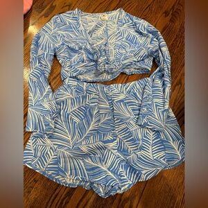 Blue and White Leaf Print Two-Piece Coverup Set